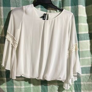 A. Byer Cream Ruffled Crop Blouse with 3/4 Sleeves